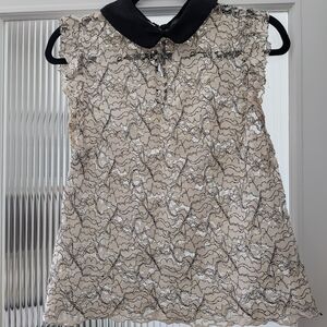 Zara Cream Lace Sleeveless Top with Black Peter Pan Collar